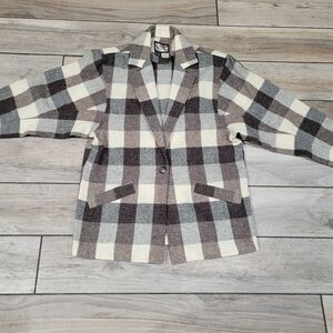 Toffs Vintage Womens Sz 6 Wool Plaid Shacket Blazer Brown Cream Japan